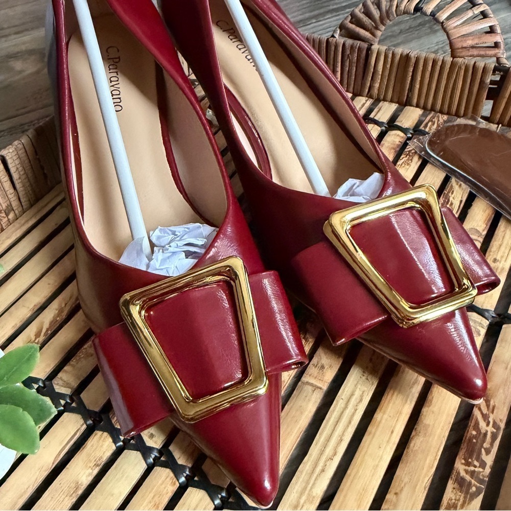 C. Paravano Red Burgundy Gold Buckle Kitten Heels Metal Tie Pumps Olivia NEW 7.5